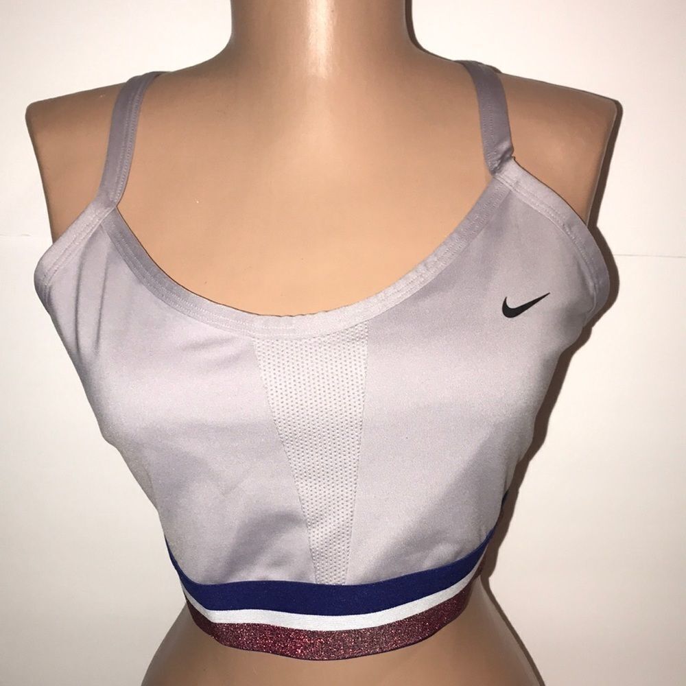 Nike Womens Dri-FIT Strappy Back Sports‎ Bra Gray Metallic Band Large